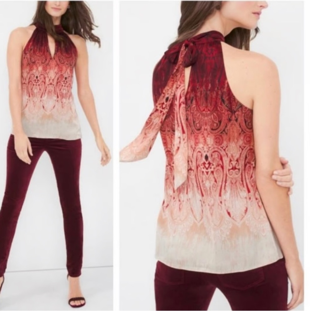 White House Black Market Burgundy and Cream Halter Blouse